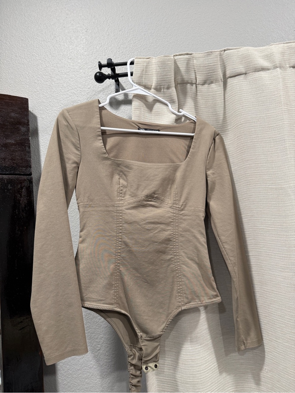 Zara Long-Sleeve Square-Neck Bodysuit in Beige